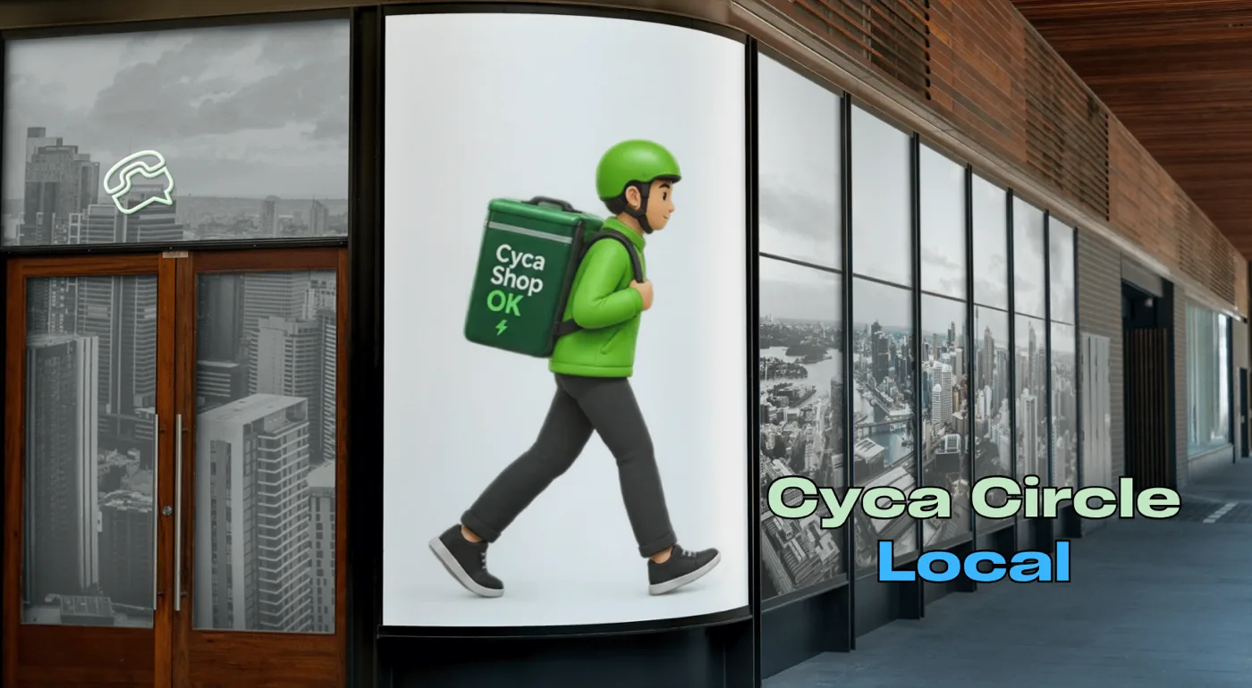 Cyca Circle Local — a Cyca courier with a Cyca Shop backpack on a city storefront screen