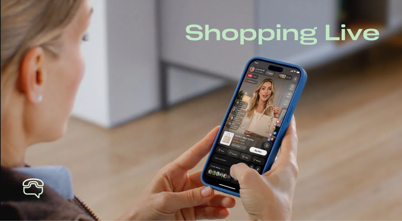 Shopping Live — a Cyca live stream on a phone, product and Buy Now in the frame