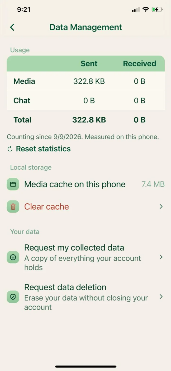 Cyca's Data Management screen — what the app has sent and received, the media cache, request my data, request data deletion