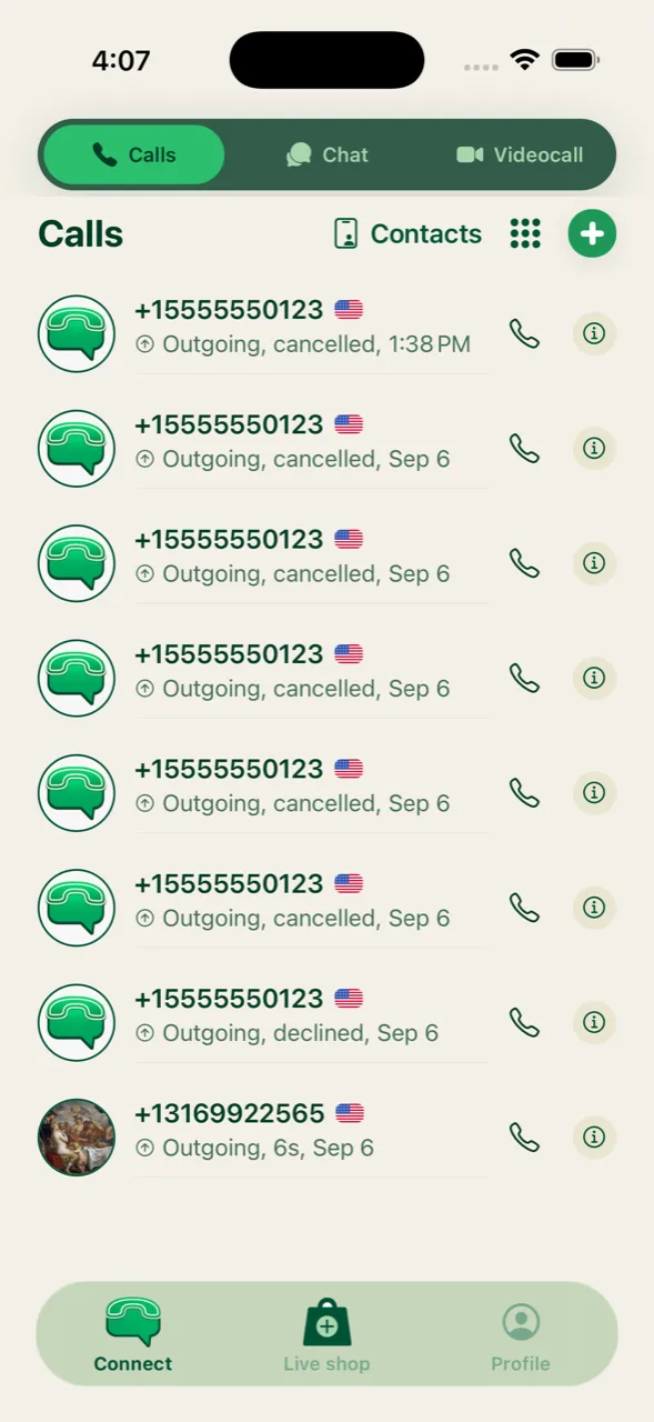 The Cyca calls list, with live presence on every call button
