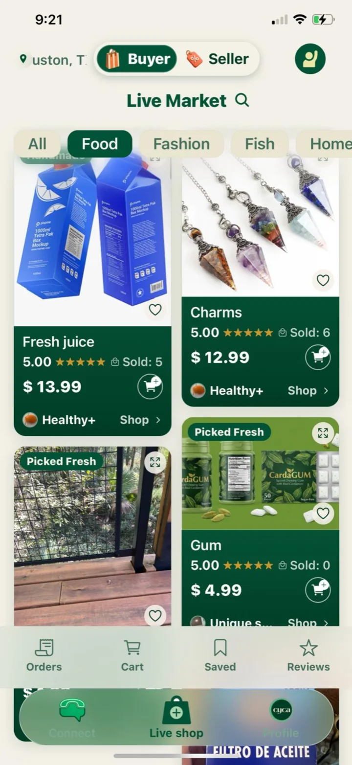 Cyca's Live Market — shops and products with prices, ratings and how many are sold