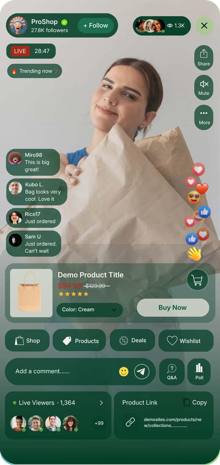 A live selling stream on Cyca — Buy Now inside the video