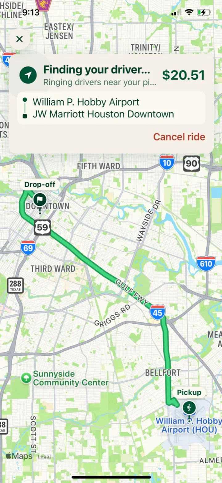 The Cyca PickMe ride screen — pickup and drop-off pinned, the route drawn, the fare shown before you send